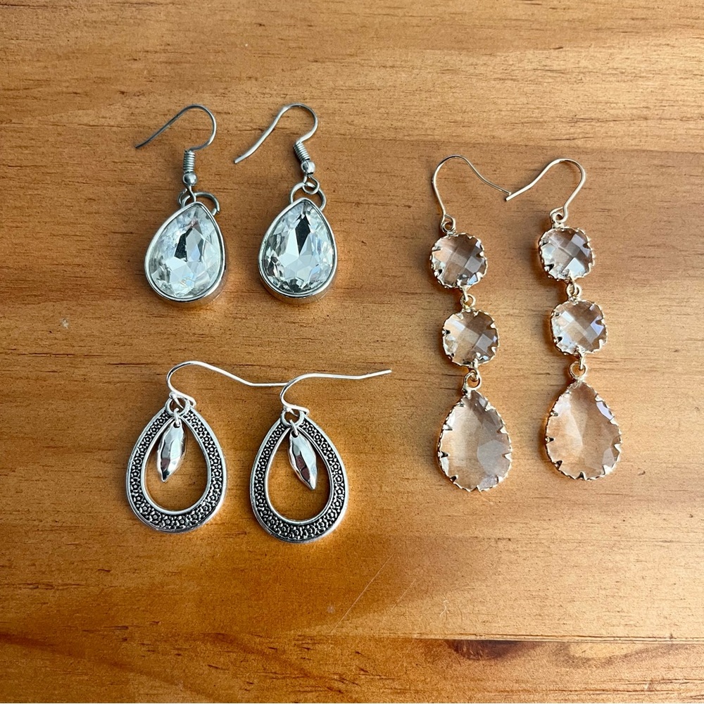 BOGO 3 pairs of dangly hook earrings silver tone and gold tone evening formal